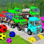 Flatbed Trailer McQueen Transportation with Truck - Speedbumps vs Cars vs Train - BeamNG.Drive #2