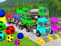 Flatbed Trailer McQueen Transportation with Truck - Speedbumps vs Cars vs Train - BeamNG.Drive #2