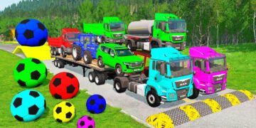 Flatbed Trailer McQueen Transportation with Truck - Speedbumps vs Cars vs Train - BeamNG.Drive #2