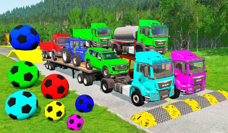 Flatbed Trailer McQueen Transportation with Truck – Speedbumps vs Cars vs Train – BeamNG.Drive #2