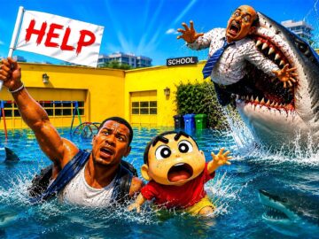 Franklin Shinchan Escapes a Big Tsunami Shark in His New School in GTA 5 ! | GTA 5 Telugu Gameplay