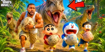 GTA 5 Telugu : Shin Chan, Doraemon & Franklin ESCAPE Giant Monster Dinosaurs! 😱🐔 | Roblox