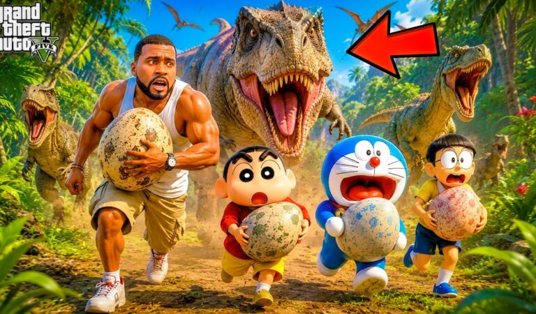 GTA 5 Telugu : Shin Chan, Doraemon & Franklin ESCAPE Giant Monster Dinosaurs! 😱🐔 | Roblox